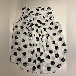 Women’s Elle Sleeveless Medium Blouse White Black Dots With Ruffles